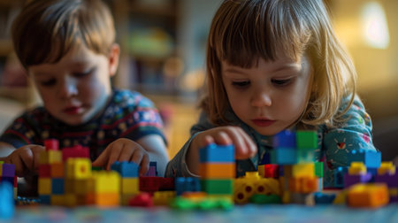 Two children playing with colorful blocks on a table, AIの素材