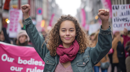A woman with a pink scarf and holding up her fist with banner our bodies, our lives, AIの素材
