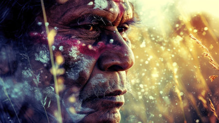 A close up of an indigenous man with paint on his face, AIの素材