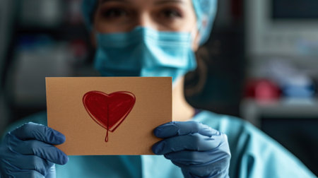 A woman in a surgical mask holding up an envelope with blood on it, AIの素材