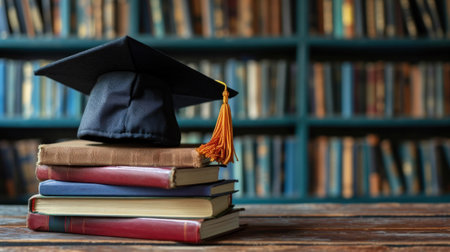 A graduation cap sitting on top of a stack of books, AIの素材