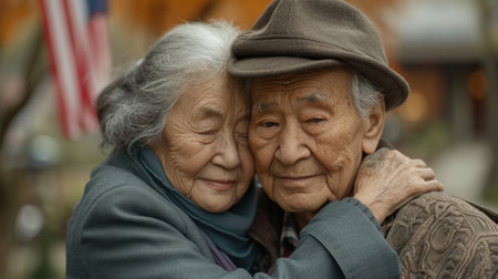 An older couple embracing each other with a smile on their faces, AIの素材