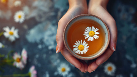 A person holding a cup of tea with two daisies in it, AIの素材