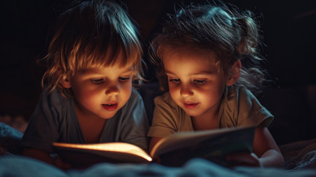 Two little kids are reading a book together in bed, AIの素材