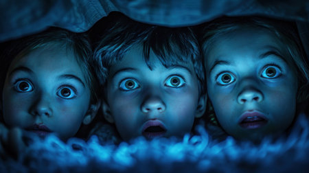 Three children are peeking out from under a blanket, AIの素材