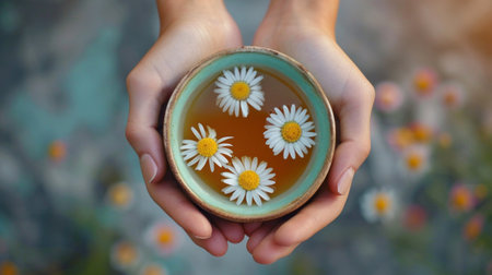 A person holding a bowl of flowers in their hands, AIの素材