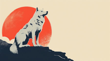 A wolf is sitting on a rock with the sun in front of him, AIの素材