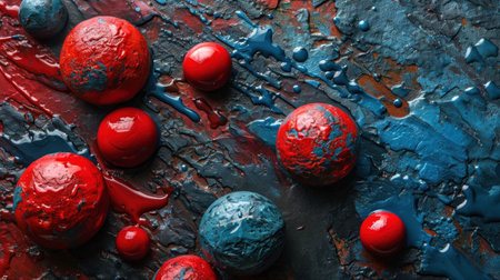 A bunch of red and blue balls are on a table in liquid paint, AIの素材