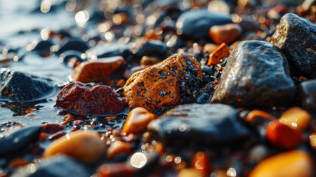 A close up of a bunch of rocks and pebbles on the beach, AIの素材