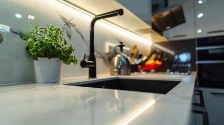 A kitchen with a black sink and potted plant on counter, AIの素材
