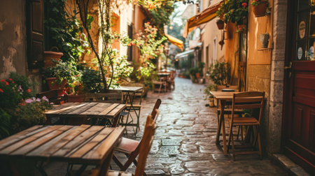 A narrow alleyway with tables and chairs outside of a building, AIの素材