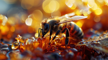 A bee is on a flower with some water droplets, AIの素材