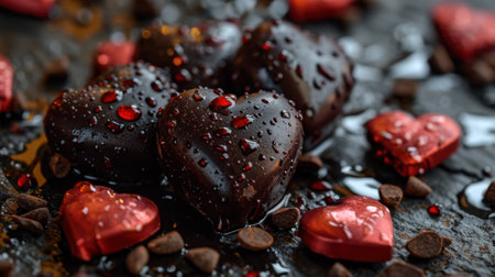 A close up of chocolate covered hearts and other treats on a table, AIの素材