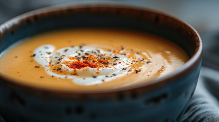 A close up of a bowl filled with soup and some spices, AIの素材