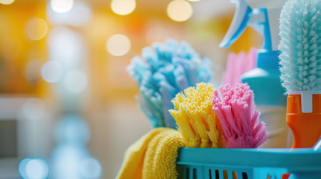 A close up of a basket filled with cleaning supplies, AIの素材