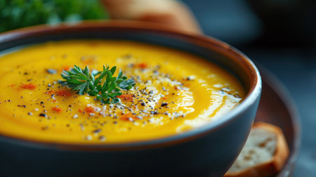 A bowl of soup with bread on a plate next to it, AIの素材