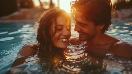 A man and woman in a pool smiling at each other, AIの素材