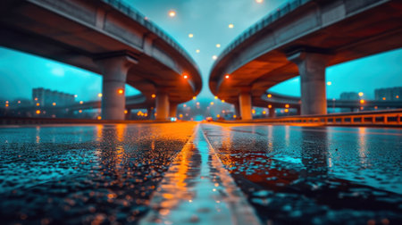 Two large bridges over a wet road with lights on, AIの素材