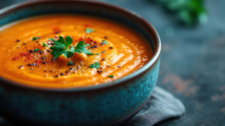 A close up of a bowl filled with orange soup and garnished, AIの素材