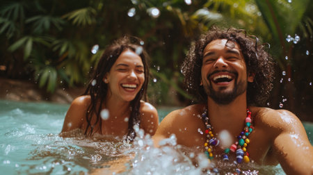 A man and woman smiling while in a pool of water, AIの素材
