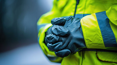 A close up of a person in yellow rain gear holding their hands together, AIの素材