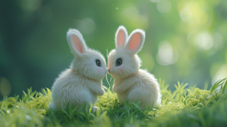 Two small white rabbits sitting on top of a green grassy field, AIの素材