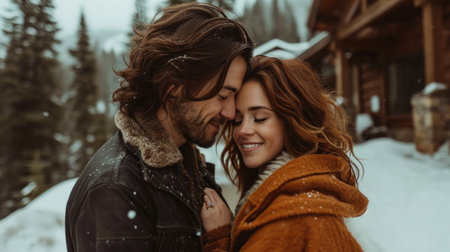 A man and woman standing in the snow next to a cabin, AIの素材
