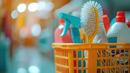 A basket of cleaning supplies in a room with other items, AIの素材