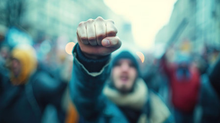 A man with a fist raised in the air during an anti-government protest, AIの素材