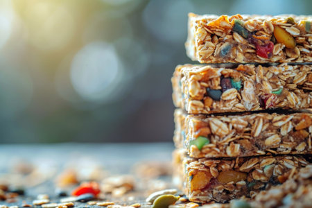 A close up of a stack of granola bars with seeds and nuts, AIの素材