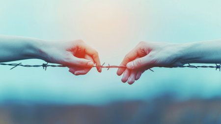 Two hands holding each others hand through a barbed wire fence, AIの素材