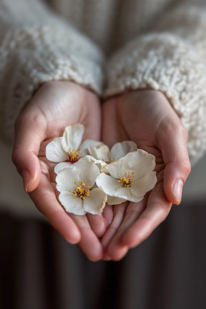 A person holding a handful of white flowers in their hands, AIの素材