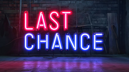 A neon sign that says last chance in front of a brick wall, AIの素材