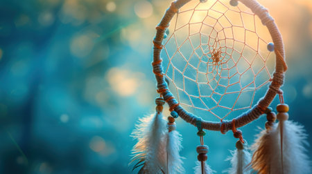 A dream catcher with feathers and a blue background, AIの素材