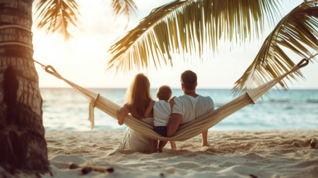 A family of three sitting in a hammock on the beach, AIの素材