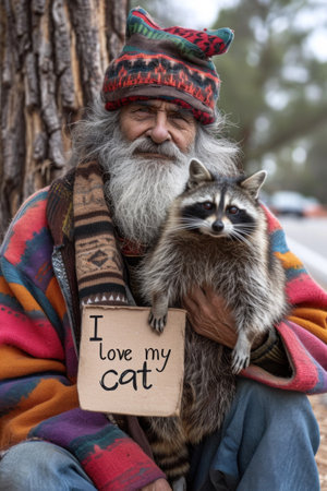A senior homeless man with a raccoon sitting on his lap holding up a sign with words I love my cat, AIの素材