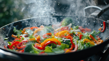 A wok filled with vegetables cooking on a stove top, AIの素材