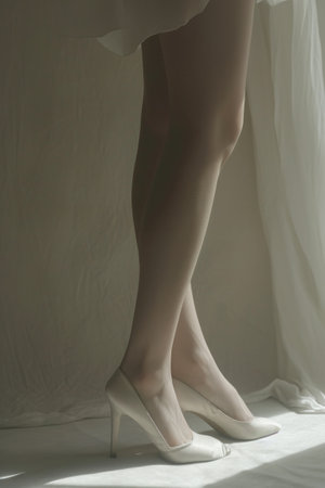 A woman in white high heels standing next to a window, AIの素材
