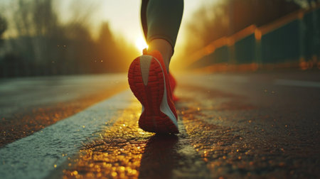 A person running on a road with the sun setting in front of them, AIの素材