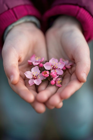 A person holding a small bunch of pink flowers in their hands, AIの素材