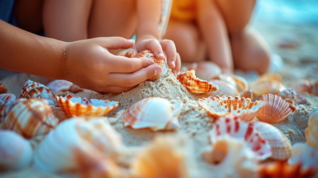 A child is playing with shells on the beach, AIの素材