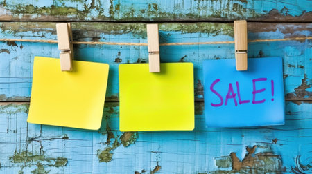 Three yellow sticky notes with the word sale hanging on clothes pegs, AIの素材