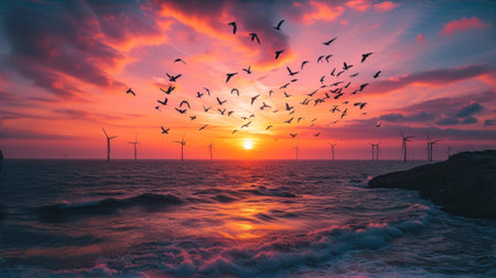A flock of birds flying over the ocean at sunset, AIの素材