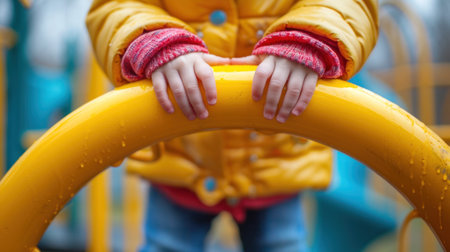 A child in yellow jacket holding a metal pole at the playground, AIの素材