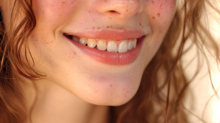 A close up of a woman with freckles smiling and showing her teeth, AIの素材