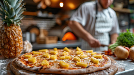 A pizza with pineapples on top of it sitting in a pan, AIの素材