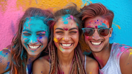 Three people with their faces covered in paint smiling at the camera, AIの素材