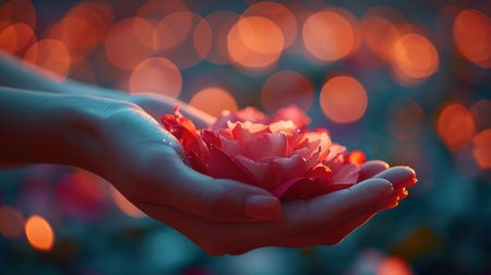 A person holding a flower in their hand with blurred background, AIの素材