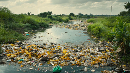 A river with trash and debris in it near a forest, AIの素材