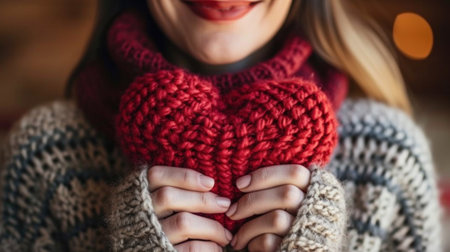 A woman holding a red heart shaped knitted item, AIの素材